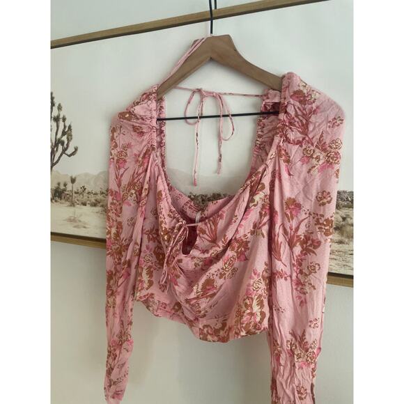 NWT Free People Hilary Pink Floral Long Sleeve Crop Top XS Tie Front Blouse - Picture 3 of 9